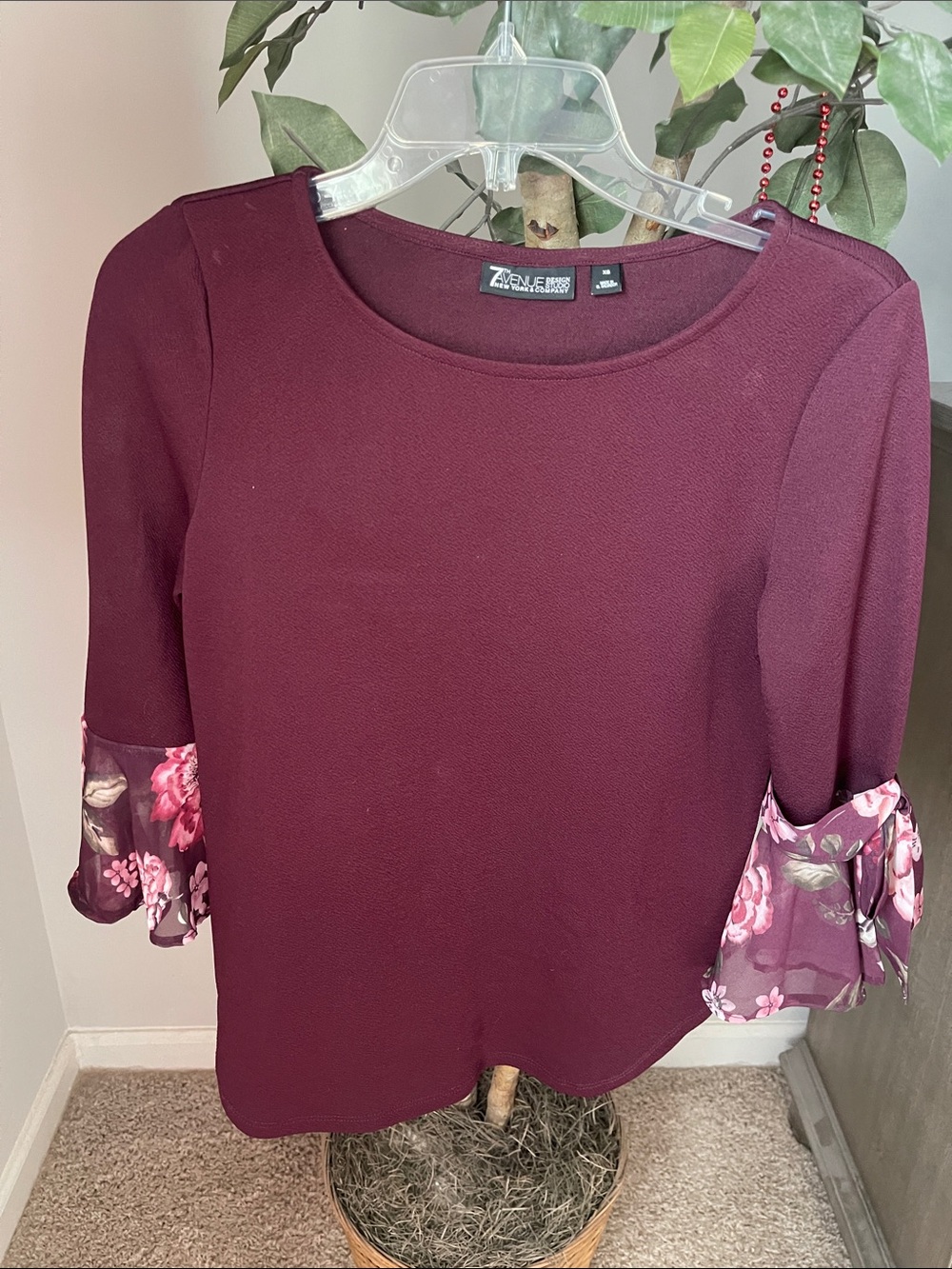 New York & Company Wine Floral Bell Sleeve Blouse